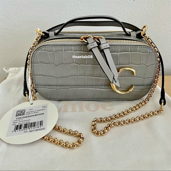 ☀️NWT☀️Chloé Mini C Vanity Bag Croc Embossed Gray - Picture 3 of 16